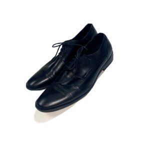 Asher Green Mens 12 Black Leather Lace Up Dress Shoes Oxfords Work Cap Toe